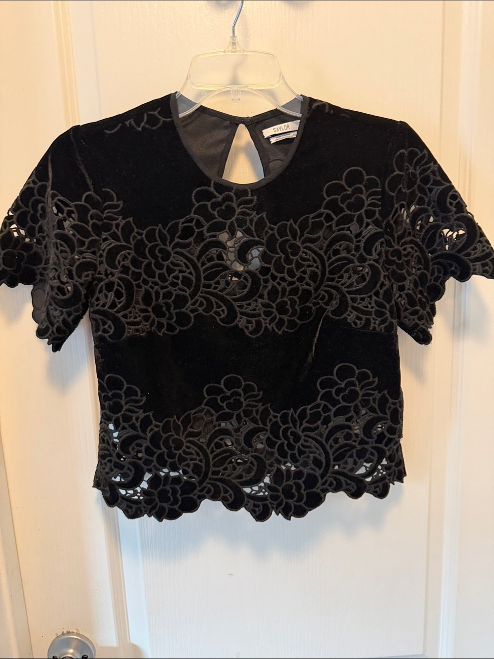 SAYLOR Black Velvet Floral Laser-Cut Crop Top